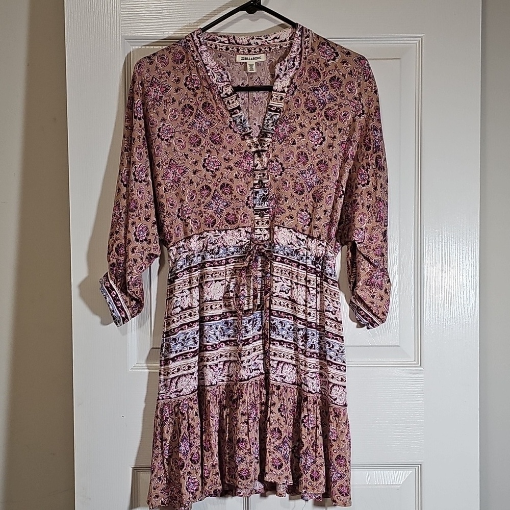 Billabong Boho Floral Mixed Print Marry Mine Taupe and Magenta Dress Size XS